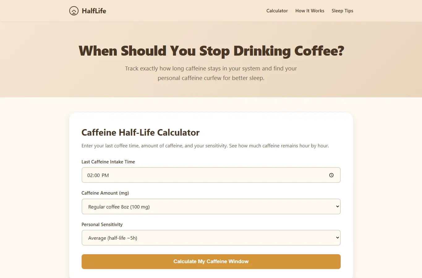 Screenshot of Caffeine Half-Life Tracker – Sleep-Friendly Coffee Timing interface showing the project page in use